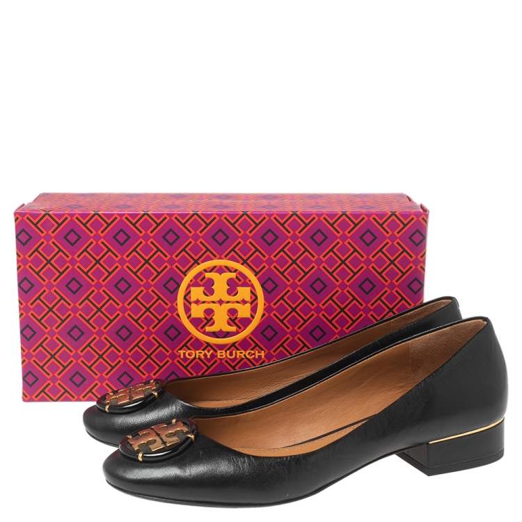 Pre Owned Tory Burch Black Leather Multi Logo Ballet Flats Size 38