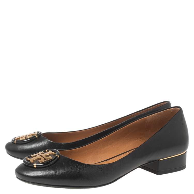 Pre Owned Tory Burch Black Leather Multi Logo Ballet Flats Size 38