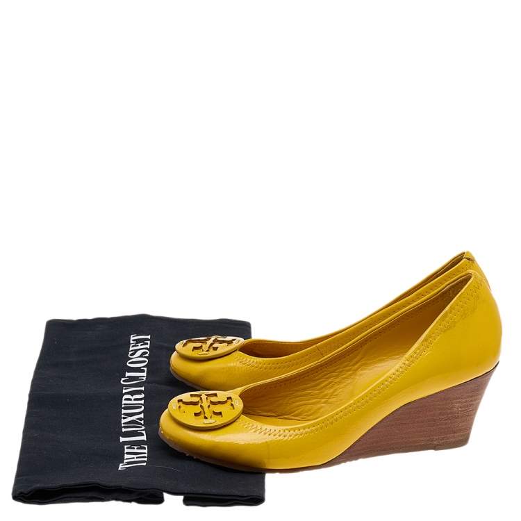 Pre Owned Tory Burch Yellow Patent leather Sally Wedge Pumps Size 37.5