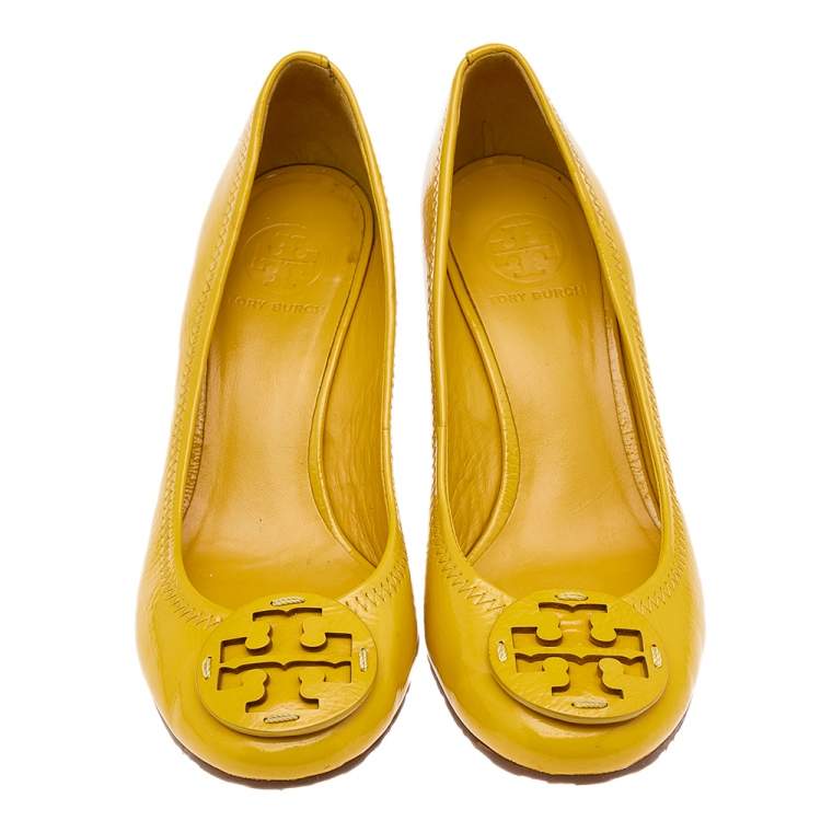 Pre Owned Tory Burch Yellow Patent leather Sally Wedge Pumps Size 37.5
