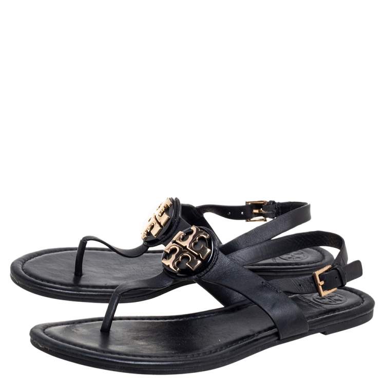Pre Owned Tory Burch Black Leather Logo Claire Thong Flats Size 38