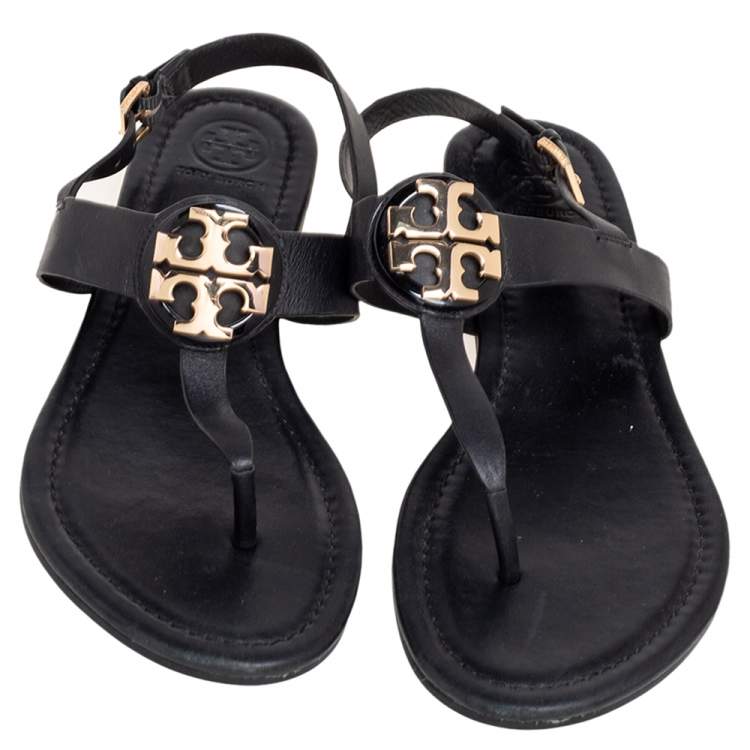 Pre Owned Tory Burch Black Leather Logo Claire Thong Flats Size 38