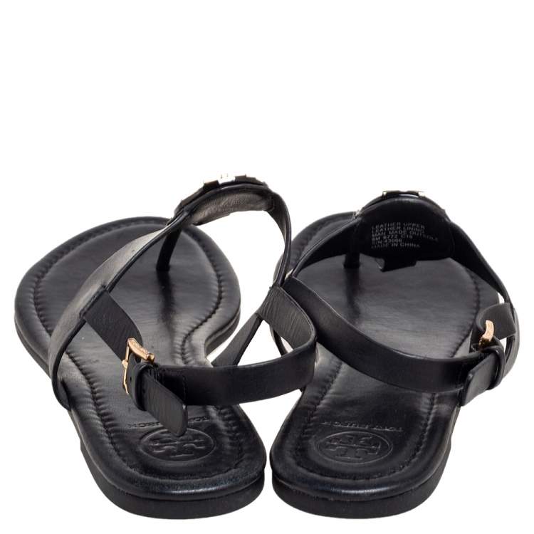 Pre Owned Tory Burch Black Leather Logo Claire Thong Flats Size 38