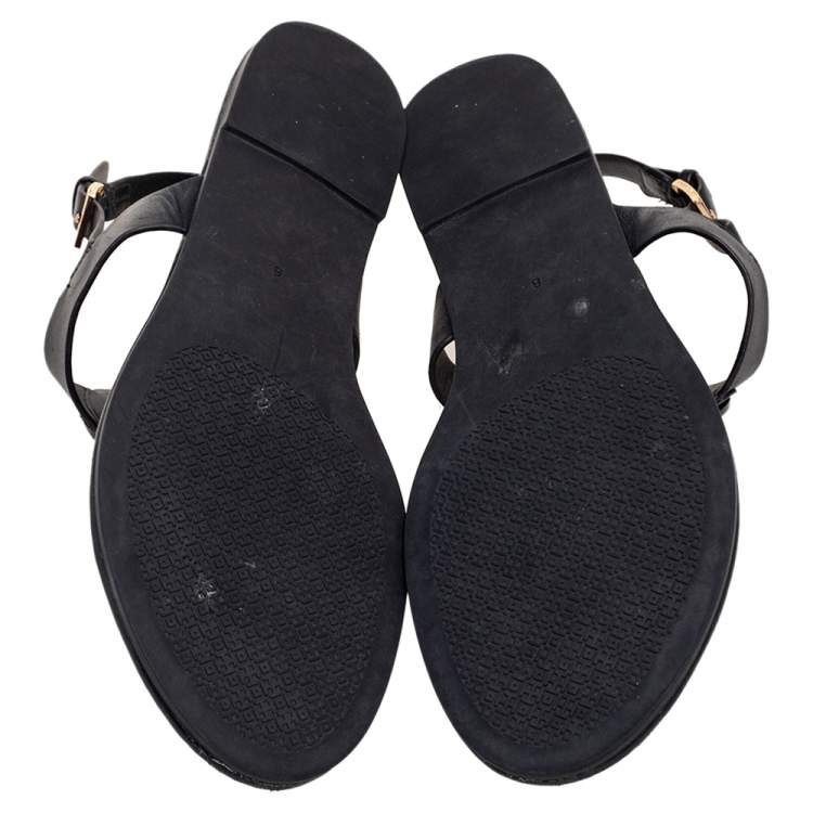 Pre Owned Tory Burch Black Leather Logo Claire Thong Flats Size 38