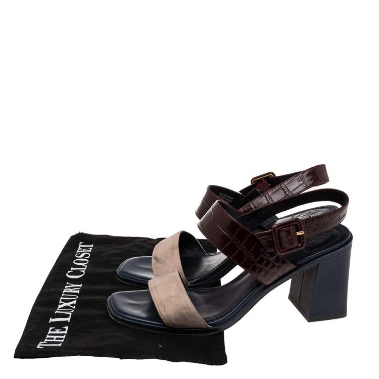 Pre Owned Tory Burch Tricolor Croc Embossed Leather  And Suede  Slingback Block Heel  Sandals Size 38.5