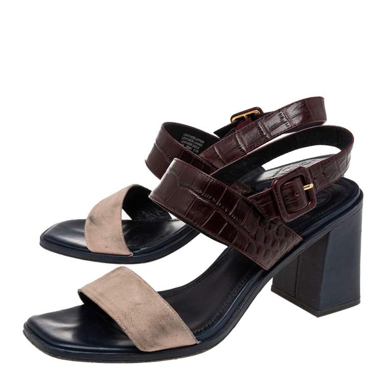 Pre Owned Tory Burch Tricolor Croc Embossed Leather  And Suede  Slingback Block Heel  Sandals Size 38.5