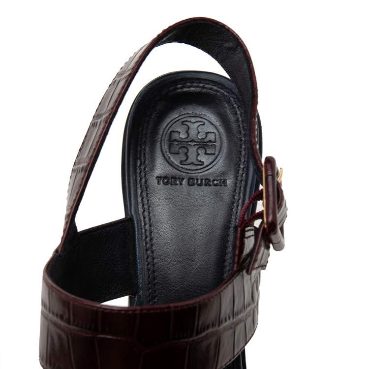 Pre Owned Tory Burch Tricolor Croc Embossed Leather  And Suede  Slingback Block Heel  Sandals Size 38.5