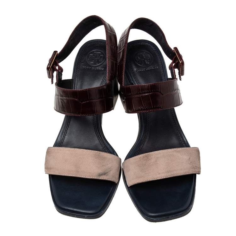 Pre Owned Tory Burch Tricolor Croc Embossed Leather  And Suede  Slingback Block Heel  Sandals Size 38.5