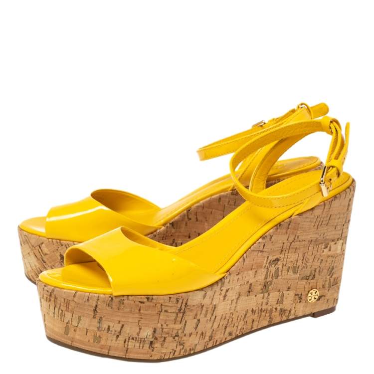 Pre Owned Tory Burch Yellow Patent Leather Dahlia Wedge Sandals Size 37