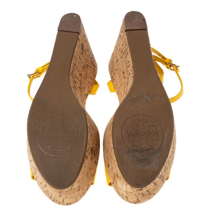 Pre Owned Tory Burch Yellow Patent Leather Dahlia Wedge Sandals Size 37