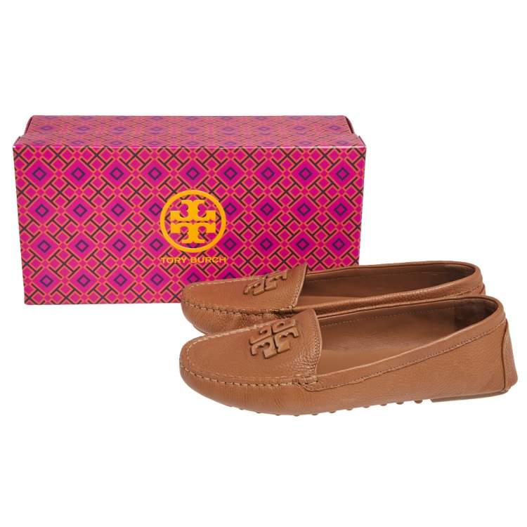 Pre Owned Tory Burch Brown Leather Slip On Loafers Size 39
