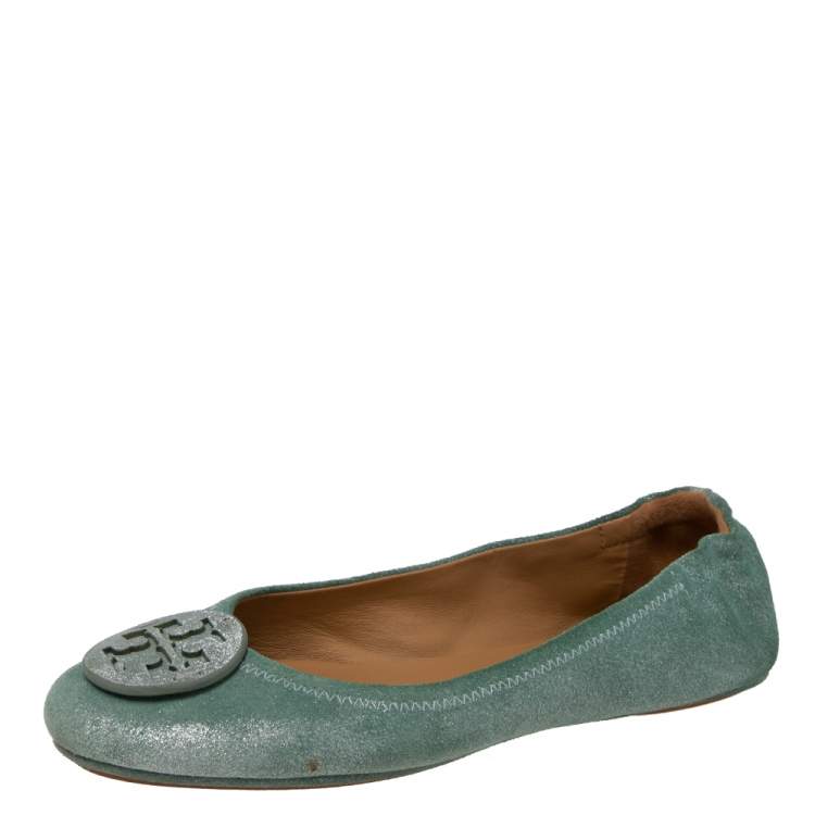 Pre Owned Tory Burch Aqua Green Suede Reva  Ballet Flats Size 37