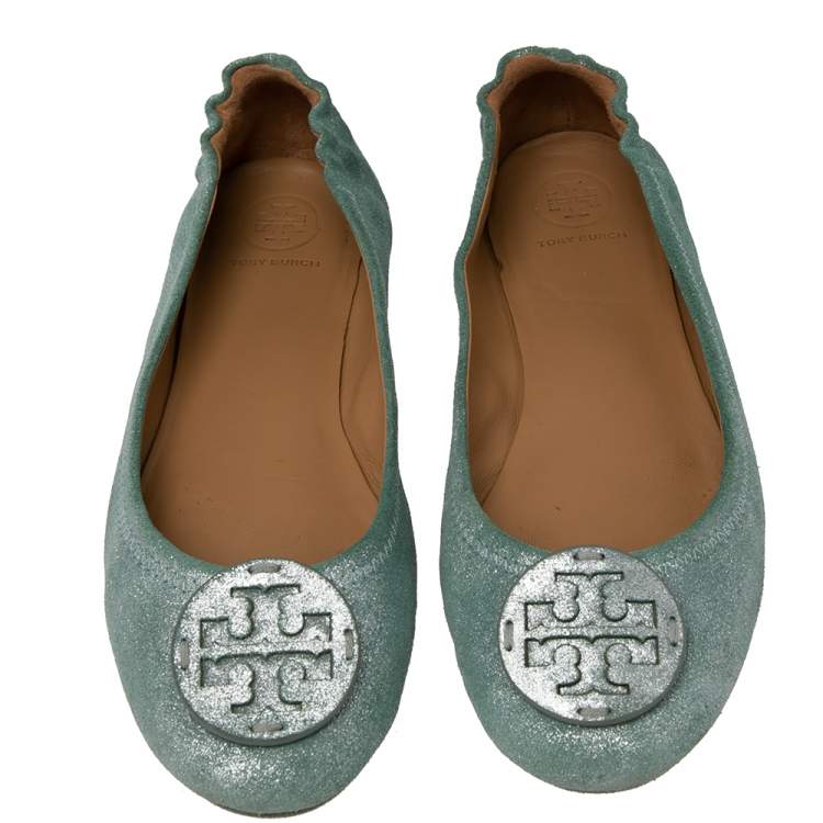 Pre Owned Tory Burch Aqua Green Suede Reva  Ballet Flats Size 37