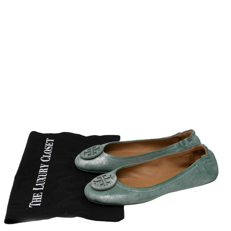 Pre Owned Tory Burch Aqua Green Suede Reva  Ballet Flats Size 37