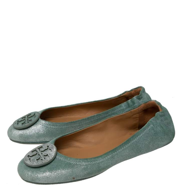 Pre Owned Tory Burch Aqua Green Suede Reva  Ballet Flats Size 37