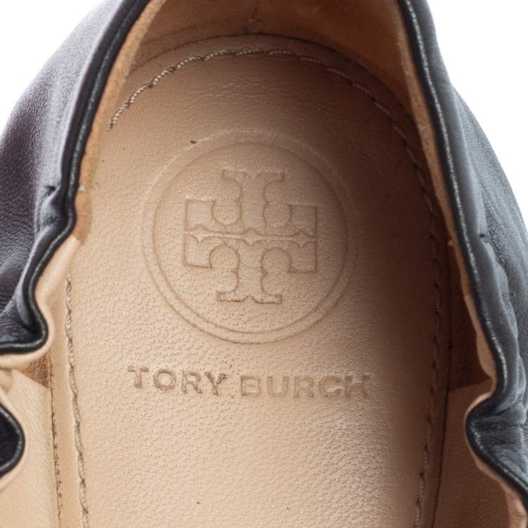 مملوكة مسبقًا Tory Burch Black Leather Blossom Ballet Flats Size 38.5