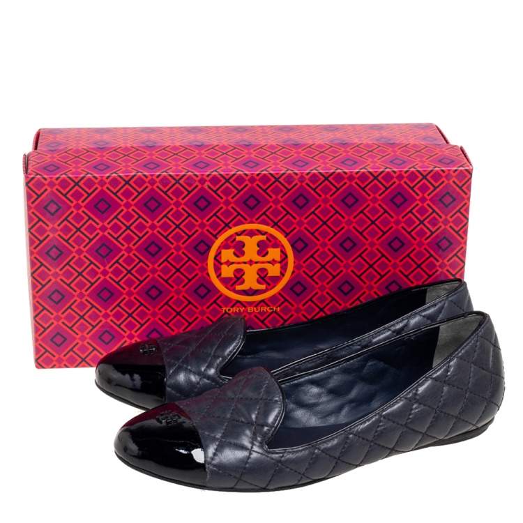 Pre Owned Tory Burch Navy Blue/Black Quilted and Patent Leather Cap-Toe Smoking Slippers Size 38.5