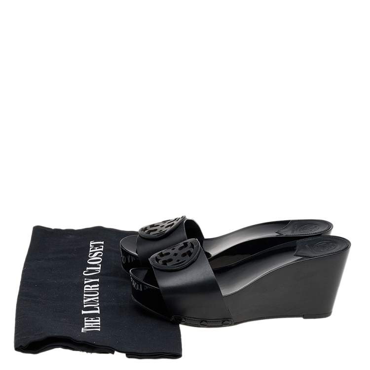 Pre Owned  Tory Burch Black Leather Logo Wedge Slide Sandals Size 36