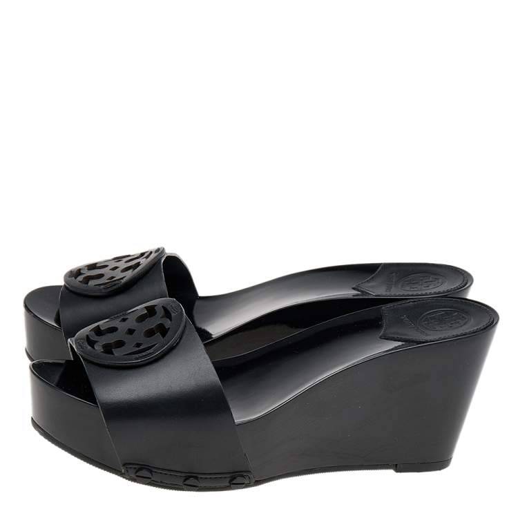 Pre Owned  Tory Burch Black Leather Logo Wedge Slide Sandals Size 36