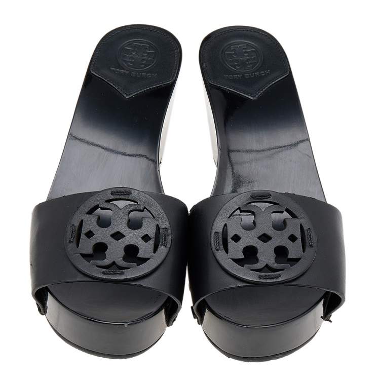 Pre Owned  Tory Burch Black Leather Logo Wedge Slide Sandals Size 36