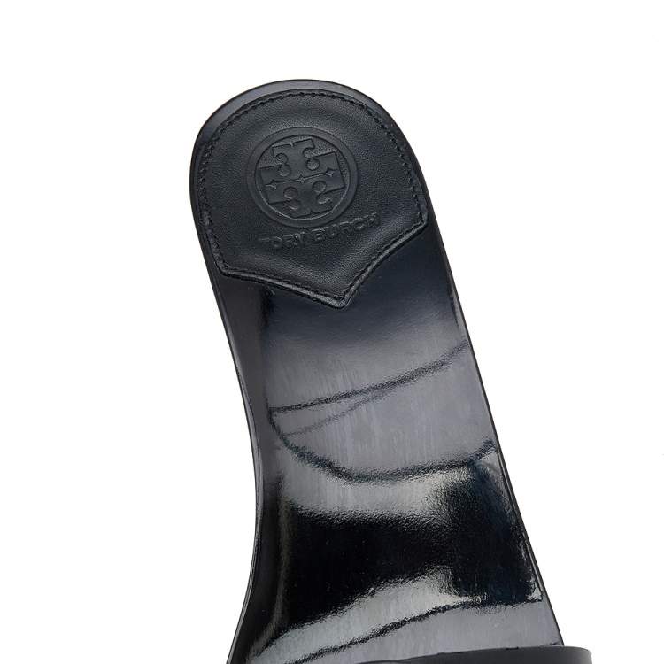 Pre Owned  Tory Burch Black Leather Logo Wedge Slide Sandals Size 36