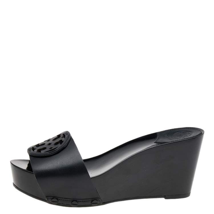 Pre Owned  Tory Burch Black Leather Logo Wedge Slide Sandals Size 36