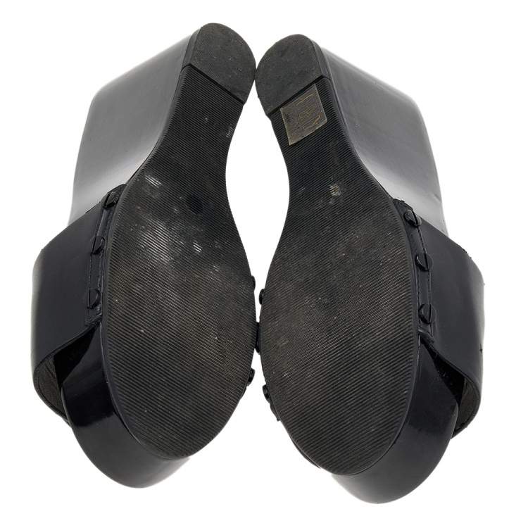 Pre Owned  Tory Burch Black Leather Logo Wedge Slide Sandals Size 36