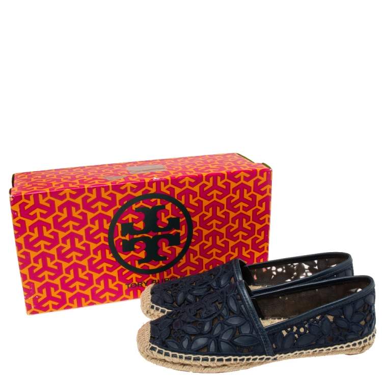 Pre Owned Tory Burch Navy Blue Leather And Net Espadrille Flats Size  36 