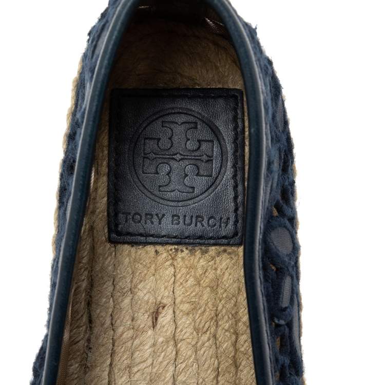 Pre Owned Tory Burch Navy Blue Leather And Net Espadrille Flats Size  36 