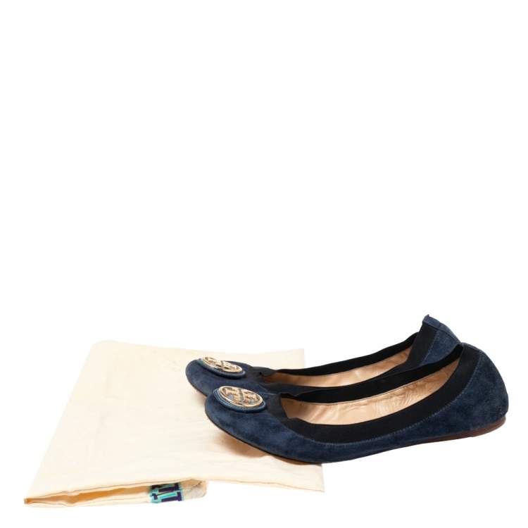 Pre Owned Tory Burch Navy Blue Suede Minnie Scrunch Ballet Flats Size 39