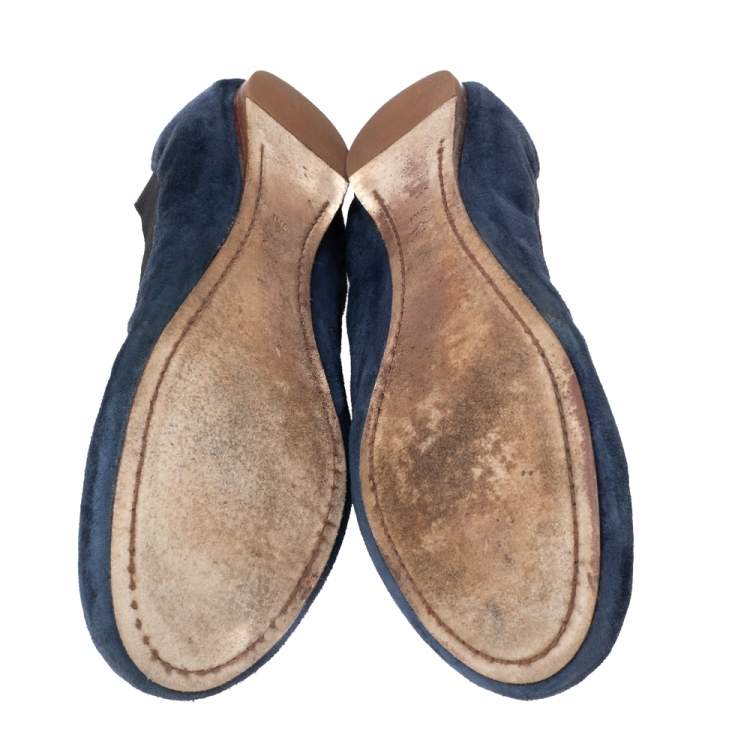 Pre Owned Tory Burch Navy Blue Suede Minnie Scrunch Ballet Flats Size 39