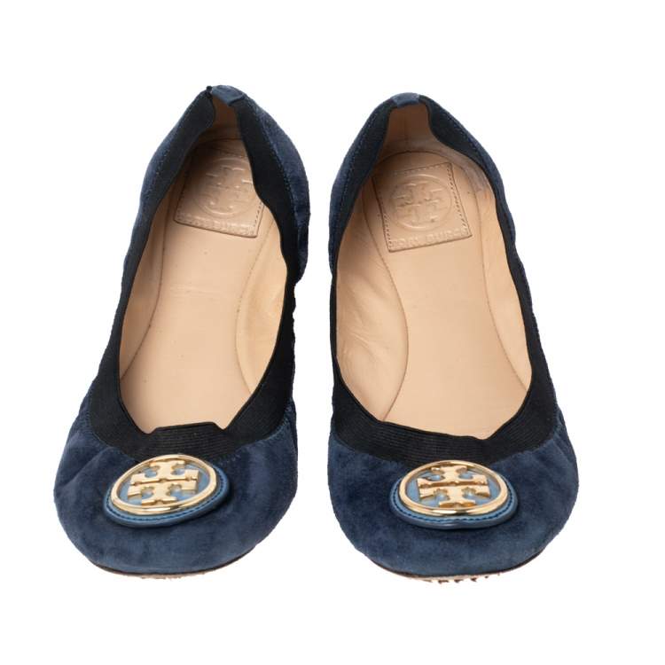 Pre Owned Tory Burch Navy Blue Suede Minnie Scrunch Ballet Flats Size 39