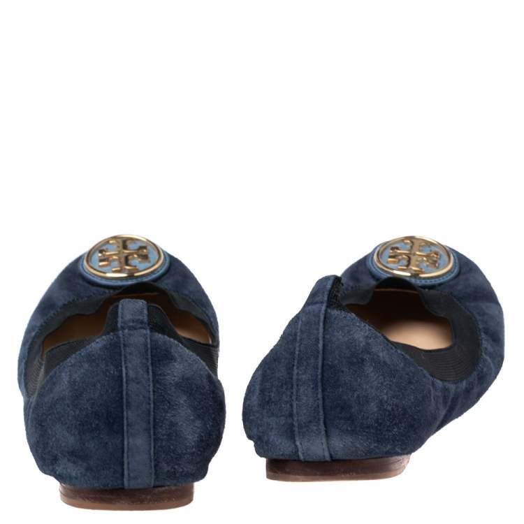 Pre Owned Tory Burch Navy Blue Suede Minnie Scrunch Ballet Flats Size 39