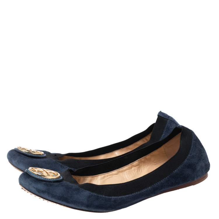 Pre Owned Tory Burch Navy Blue Suede Minnie Scrunch Ballet Flats Size 39