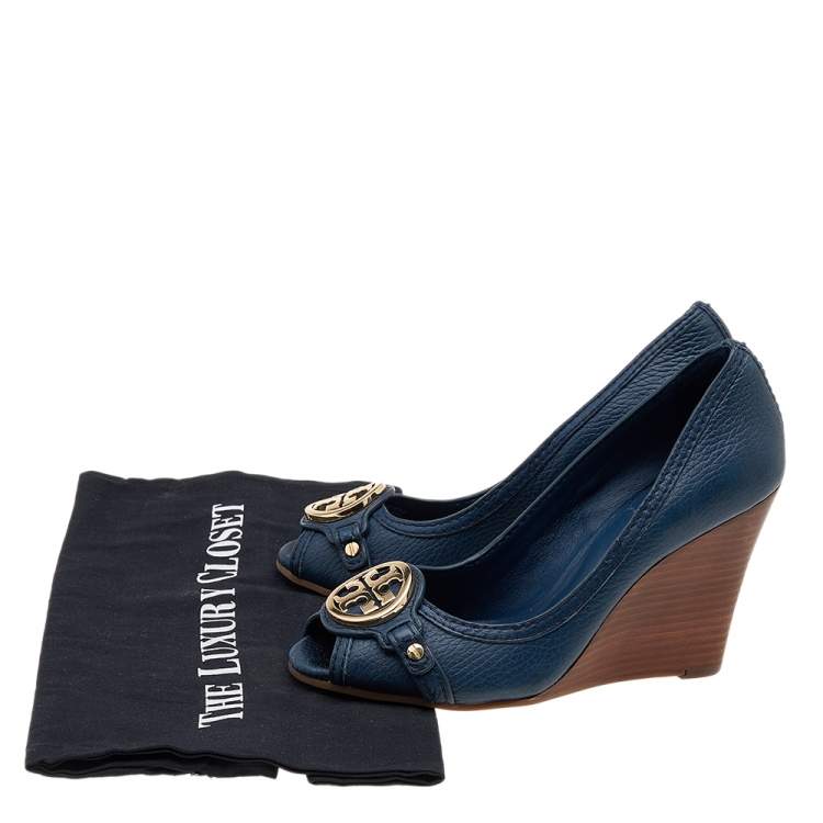 Pre Owned Tory Burch Blue Leather Leticia Wedge Pumps Size 36