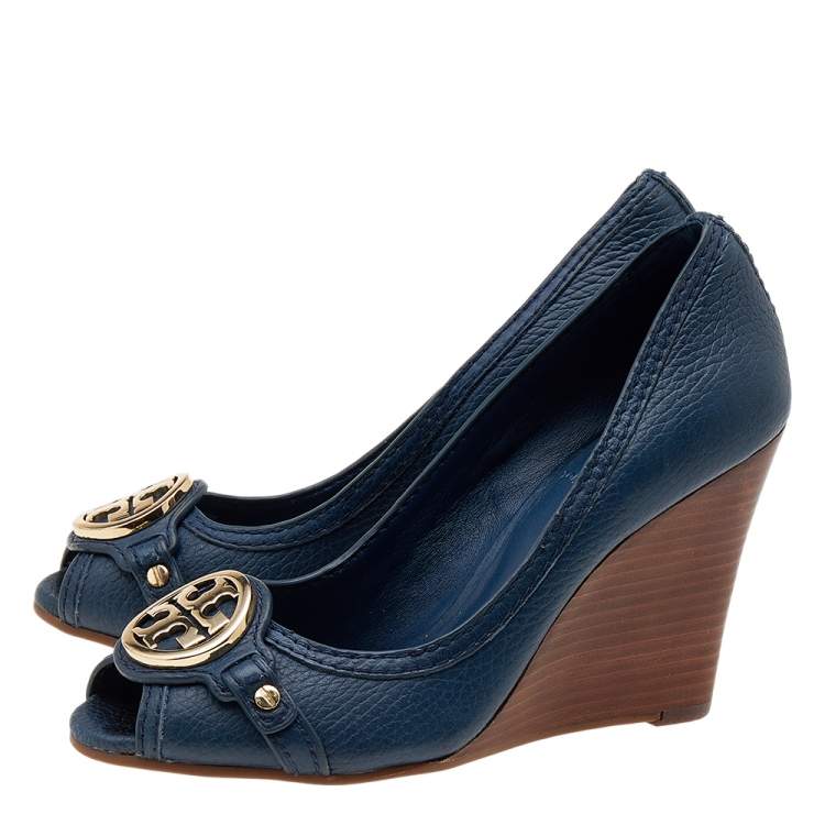 Pre Owned Tory Burch Blue Leather Leticia Wedge Pumps Size 36