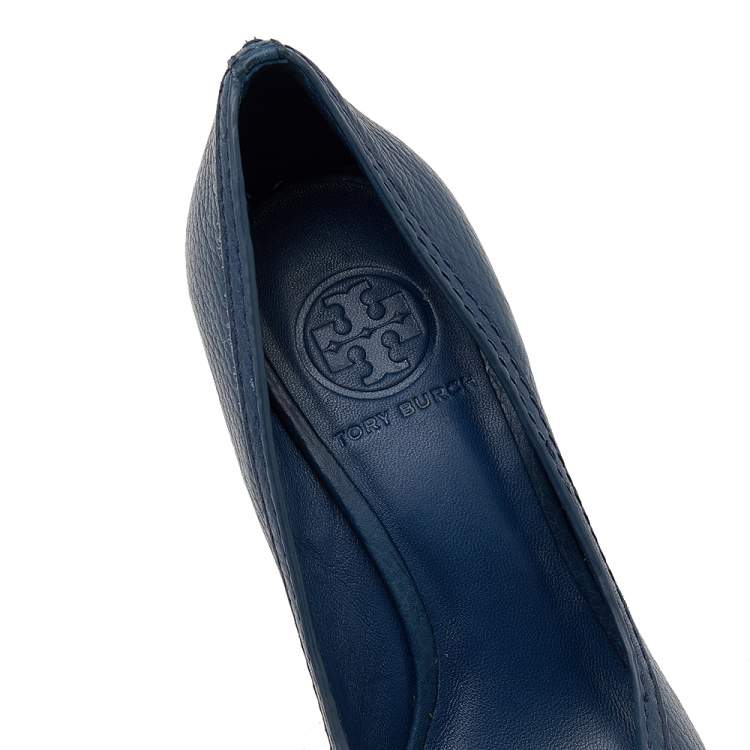 Pre Owned Tory Burch Blue Leather Leticia Wedge Pumps Size 36