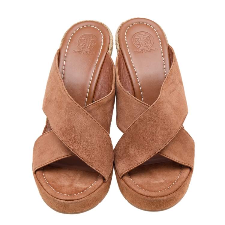 Pre Owned Tory Burch Brown Suede Criss Cross Wedge Platform Slide Sandals Size 39.5