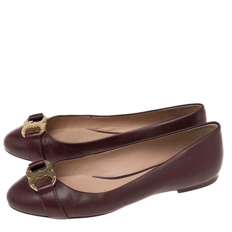 Pre Owned Tory Burch Burgundy Leather Bow Ballet Flats Size 38