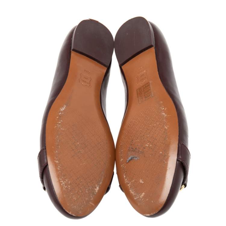 Pre Owned Tory Burch Burgundy Leather Bow Ballet Flats Size 38