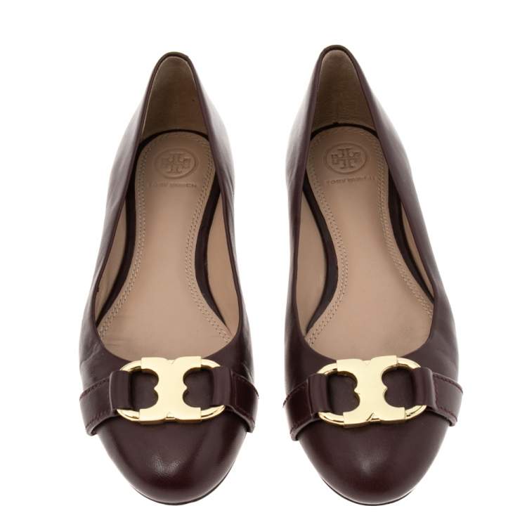 Pre Owned Tory Burch Burgundy Leather Bow Ballet Flats Size 38