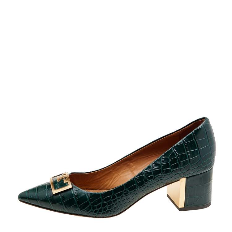 Tory Burch Green Croc Embossed Leather Embellished Block Heel Pumps Size   Tory Burch | TLC