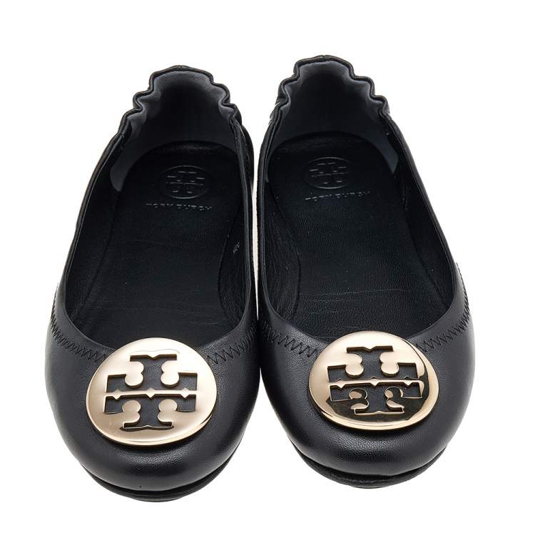 Pre Owned Tory Burch Black Leather Minnie Ballet Flats Size 35.5