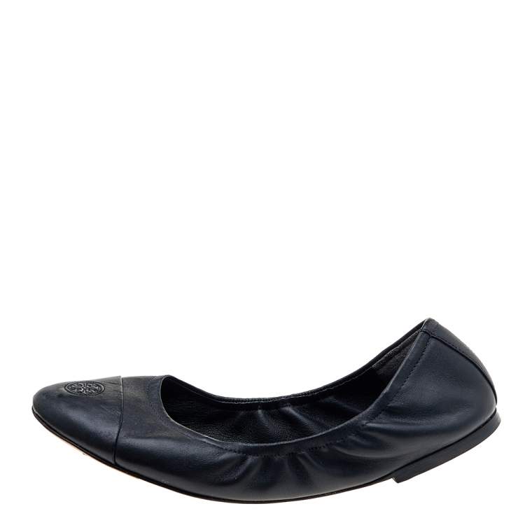 Pre Owned Tory Burch Black Leather Cap Toe Scrunch Ballet Flats Size 40