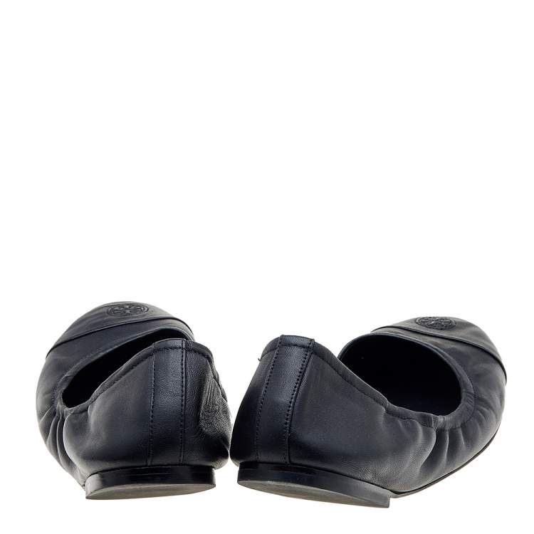 Pre Owned Tory Burch Black Leather Cap Toe Scrunch Ballet Flats Size 40