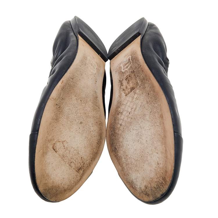 Pre Owned Tory Burch Black Leather Cap Toe Scrunch Ballet Flats Size 40