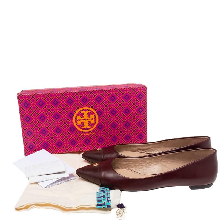 Pre Owned Tory Burch Dark Maroon Patent and Leather Fairford Ballet Flats Size 40.5