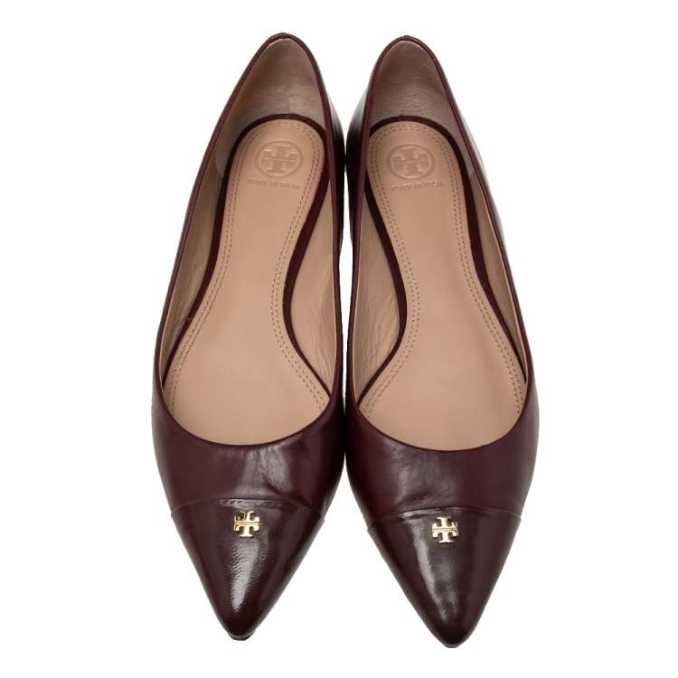 Pre Owned Tory Burch Dark Maroon Patent and Leather Fairford Ballet Flats Size 40.5