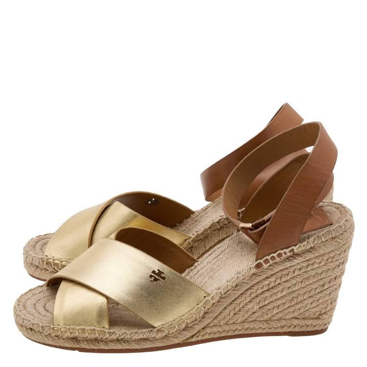 Pre Owned Tory Burch Gold/Brown Leather Bima Espadrille Wedge Sandals Size 40