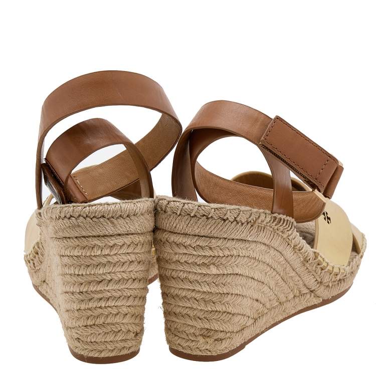 Pre Owned Tory Burch Gold/Brown Leather Bima Espadrille Wedge Sandals Size 40